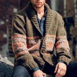 Men's Sweaters Winter Long Sleeve Autumn Lapel Button Knit Cardigan Casual Men Loose Jackets Vintage Geometric Pattern Jacquard Sweater Coat 231017