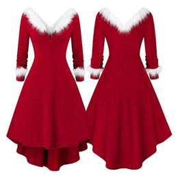 Casual Dresses Women Christmas Long Sleeve Sexy V-Neck Red Midi Swing Dress White Plush Trim Pleated Asymmetric Party Santa Costum250w