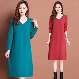 Casual Dresses Oversize Women Knit Dress 2023 Autumn Fashionelegant V-neck Solid Slim Knee-length Female A-line Long Sweater High Quality