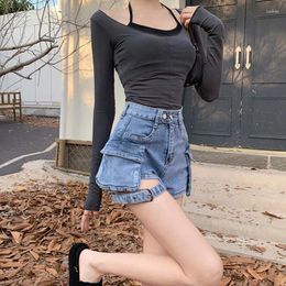 Women's Jeans Tide Hollow Out Buckle Belt Design Solid Colour Denim Shorts Retro High Waist Cargo Pants 2023 Spring