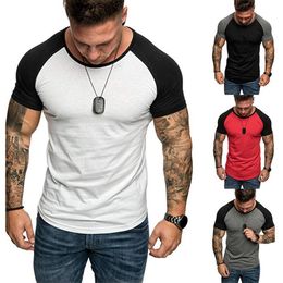 Bodybuilding Tee tops Men Gyms Fitness Sport tshirt Short Sleeve Shirt Clothing Male Casual Colour Block Print T-Shirts220I