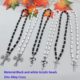 Pendant Necklaces BY106 Rosary Christian Black White Beads Short Alloy Cross Inlaid Diamond Prayer Necklace Catholic Souvenirs Religious