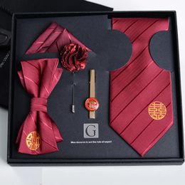 Bow Ties Wedding Tie Set for Men 8CM Red Formal Party Dress Suit Necktie Bowtie Corsage Pocket Square and Ties Clip Men's Gift With Box 231013