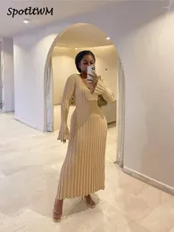 Casual Dresses Cotton V-Neck Knitted Pit Stripe Women Maxi Dress Long-sleeved Lace Up Waist Closure 2023 Female Slim Long