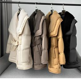 Womens Down Parkas Women Natural Mink Fur Collar Jacket Winter Mediumlength Belt Outerwear Thick Warm Goose Coat 231018