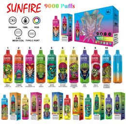 Top Authentic Sunfire Tornado 9000 puffs Disposable Ecigarettes 0% 2% 5% Mesh Coil Rechargeable RGB Light Vape Puffs 9k 7000 10000 8000 Vapers King Bar Vapour Factory