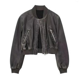 Women's Jackets 2023 Autumn American Motorcycle Faux Leather Pilot Jacket Top European And Spicy Girl Stand Neck Short Coat