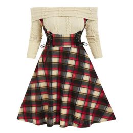 Casual Dresses Wipalo Women Dress Plus Size Off The Shoulder Lace Up Plaid 2 In 1 Vestidos Autumn Gothic Mixed Media Party272J