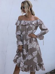 Casual Dresses Printed Off Shoulder Mini Dress Women's One Line Neck Long Sleeve Slim Fit Autumn Sexy Elegant Exquisite