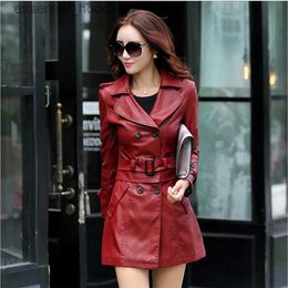 Women's Leather Faux Leather Hot 2022 Spring Autumn New Women Long Leather Jacket Slim Oversize Bow Belt Motorcycle PU Coat Fe Trench L231018