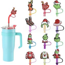 green cartoon anime christmas hat straws toppers covers cap pvc soft rubber dust plug party straws decoration gift