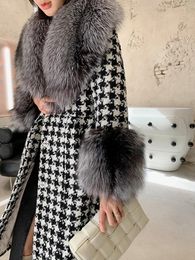 Women's Wool Blends OFTBUY Winter Jacket Women Real Fur Coat Plaid Collar Cuffs Tweed XLong Slim Belt Thick Warm 231017