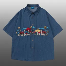 Men's Casual Shirts Streetwear Shirt Colourful Mushroom Embroidery Pattern Short Sleeve Summer Denim Lapel Top For Men