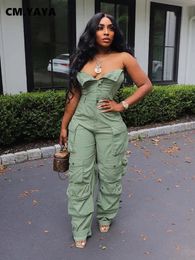 Women s Two Piece Pants CM YAYA Fashion Women Strapless Button Front Ruched Cargo Jumpsuit 2023 Autumn Sexy Party Street Playsuit One Suit Romper 231017