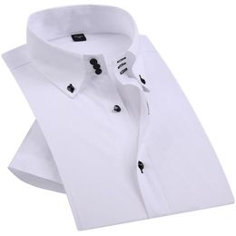 Summer Smart Casual Diamond Buttons Mens Dress Shirt White Short Sleeve Luxury High Collar Slim Fit Stylish Business Blouse 201120307k