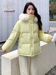 Womens Down Parkas Jacket Winter Solid Cotton Clothes Korean Fashion Hooded Big Fur Collar Coat Woman Clothing 231018