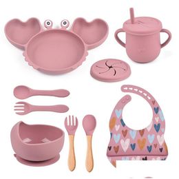 Cups, Dishes & Utensils Cups Dishes Utensils 9Pcs Baby Sile Non-Slip Suction Bowl Plate Spoon Waterproof Bib Cup Set Crab Food Feeding Dhszy