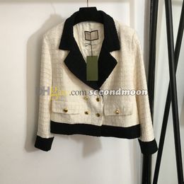 Women Double Breasted Jacket Long Sleeve Tweed Jackets Gold Button Coat Fashion Contrast Color Outerwear