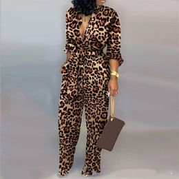 Frauen Overall-spielanzug Sexy Frauen Strampler Leopard Gebunden Taille Langarm Overall Nacht Hinweis Herbst Kleidung Set3245