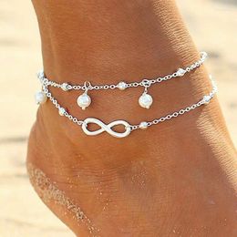 Anklets Multi Layer Pearl Number 8 For Women Vintage Cute Dolphin Handmade Beaded Anklet Summer Beach Jewelry Girl Leg Gift