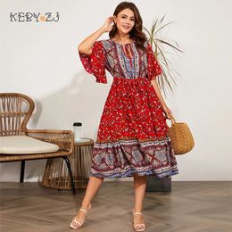 Plus size Dresses Lady Oversized Summer Clothing 2xl 3xl 4xl 5xl Wholesale Fashion Ruffle Bottom Floral Print Casual Boho Plus Size Dresses 231017