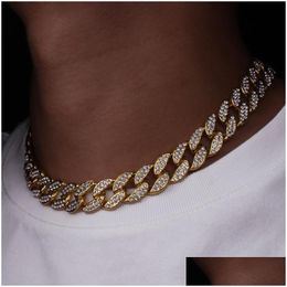 Chains Iced Out Bling Rhinestone Chains Sier Golden Finish Miami Cuban Link Chain Necklace 15Mm Mens Hip Hop Jewellery 16 18 20 Jewellery Dh58I