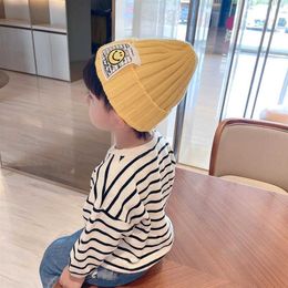 Autumn Winter New Candy Color Knitted Hats Girls Smiling Face Patch Stretch Woolen Hat Cotton Boys Baby Boutique Cute 230920