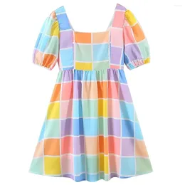 Party Dresses Withered Ins Fashion Blogger Vintage Colorful Plaid Round Collar Dress Women Square Summer Mini