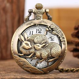 Pocket Watches Half Antique Chinese Zodiac Quartz Watch Unisex Pendant Necklace Chain Bronze Collection Clock Gifts