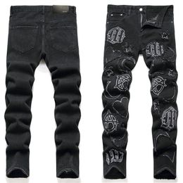 Brand New Mens Patchwork Jeans Patch Distressed Denim Pants Skinny fit Slim stretch Men's Ripped Moto Jean Washed Knee Hole Embroidery size 29-38 Black