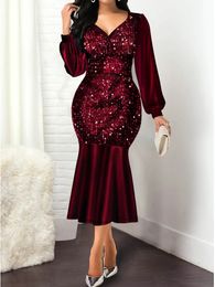 Urban Sexy Dresses Sequin Cocktail Midi Black Dress Lantern Long Sleeve V Neck Bodycon Party For Women Clothing 2023 Arrivals Robe 231018