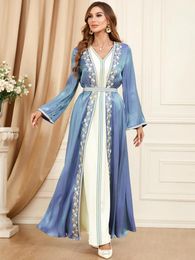 Ethnic Clothing Autumn Elegant V Neck Party Dress For Women Muslim Abaya 2 Piece Set Kimono Morocco Caftan Kaftan Robe Arabic Dubai Islamic