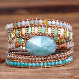 Charm Bracelets YueTong Amazonites Beaded Leather Wrap Bracelet Gemstones Beads Crystal Yoga 5 Wraps Jewelry Drop