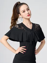 Stage Wear Lace Patchwork Latin Dance Costume Waltz Tops Adult Modern Tango Woman Solid Color Short Sleeve Prom Belly Evening Clothes