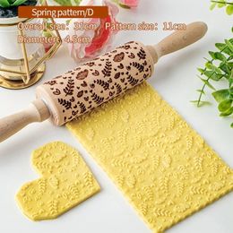 Rolling Pins Pastry Boards Spring Series Pattern Flower Leaf Embossing Wood Stamps Rolling Pin Baking Cookie Fondant Cake Textured Roller Baking Accessorie 231018