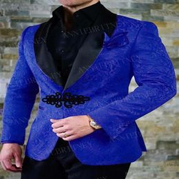 Men's Suits & Blazers ANNIEBRITNEY Royal Blue Men Suit Slim Fit Tuxedo Groom Set Wedding Prom Blazer With Black Chinese Knot 313S