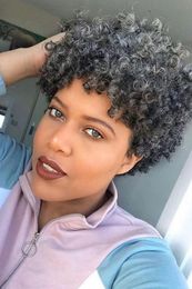 Salt &pepper Afro kinky curly short grey wigs human hair African american sassy pixie cuts for black women wear and go none lace wig 130%