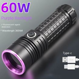 Flashlights Torches 60W 365NM UV Flashlight High Power Type-c Rechargeable Portable Waterproof 26650 Uv Torch linterna ultravioleta 231018