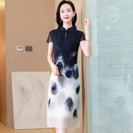 Ethnic Clothing 2023 Women's Silk Flower Printed Embroidery Dress Summer Short Sleeve Qipao Retro Loose Large Slim Long