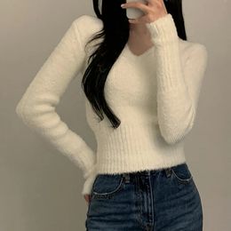 Women's Knits Tees White Sweater Women Autumn Winter Soft Warm Clothes Long Sleeve Pullover Sweaters V Neck Slim Knitted Crop Tops Pull Femme 231018