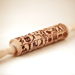 Rolling Pins Pastry Boards Arjmide Egyptian Hieroglyphs Embossing Rolling Pin with Pattern Cookies Decorating Roller Laser Engraved Rolling Pin For Baking 231018