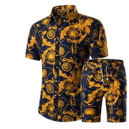 Summer Men Shirts Shorts Set Casual Printed Hawaiian Fashion Shirt Homme Short Male Printing Dress Suit Sets Plus Size239M
