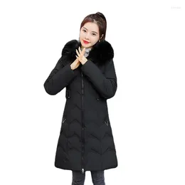 Women's Down Women Winter Hooded Faux Fur Collar Big Pocket Belted Windproof Coat Lady Puffer Jacket Cotton Padded Parkas Outwear Overcoat