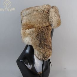 BeanieSkull Caps Men's Caps Warm Natural Rabbit Fur Bomber Hat With Earflaps Winter Unisex Warm Russian Ushanka Hat Real Rabbit Fur Hats 231017