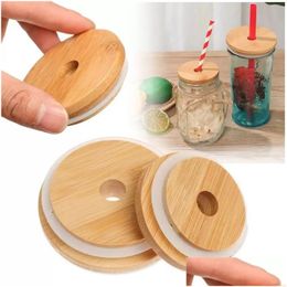 Drinkware Lid Factory Bamboo Cap Lid Reusable Wooden Mason Jar Lids 70Mm With St Hole And Sile Seal Drinkware For Canning Drinking Jar Dhswt
