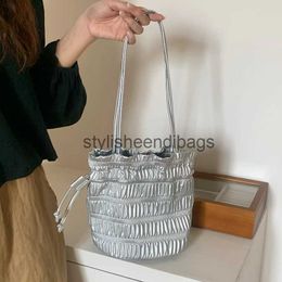 Shoulder Bags Bags Silver Pleated Drawstring Soulder Bucket Bags Women Designer Soft PU Leater Small andbags Female Casual Purse Underarm Bagstylisheendibags