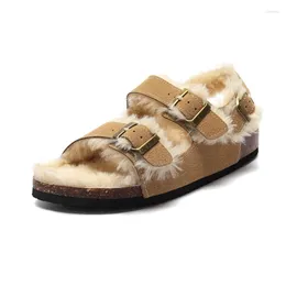 Sandals COSMAGIC 2023 Fur Inside Cork Autumn Winter Women Casual Nubuck Leather Outside Men Buckle Soft Plush Slides Shoe