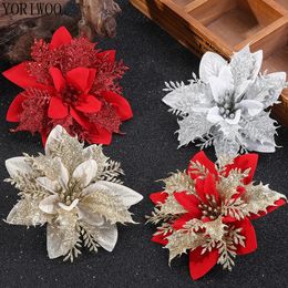 Christmas Decorations 510pcs Artificial Flowers Glitter Fake Flower Head Merry Tree Noel Xmas Ornaments Year Gift 231017