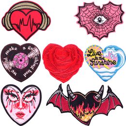 Rose Hearts Patches Punk Bat Embroidered Iron on Sew on Heart Shape Patch DIY Applique for Clothing Jacket Backpack Jeans