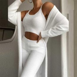 Autumn Winter Soft Fluffy Three Piece Sets Women Sexy Off Shoulder Crop Tops And Long Pants Homesuit Casual Ladies 3 Piece Suit 22274V